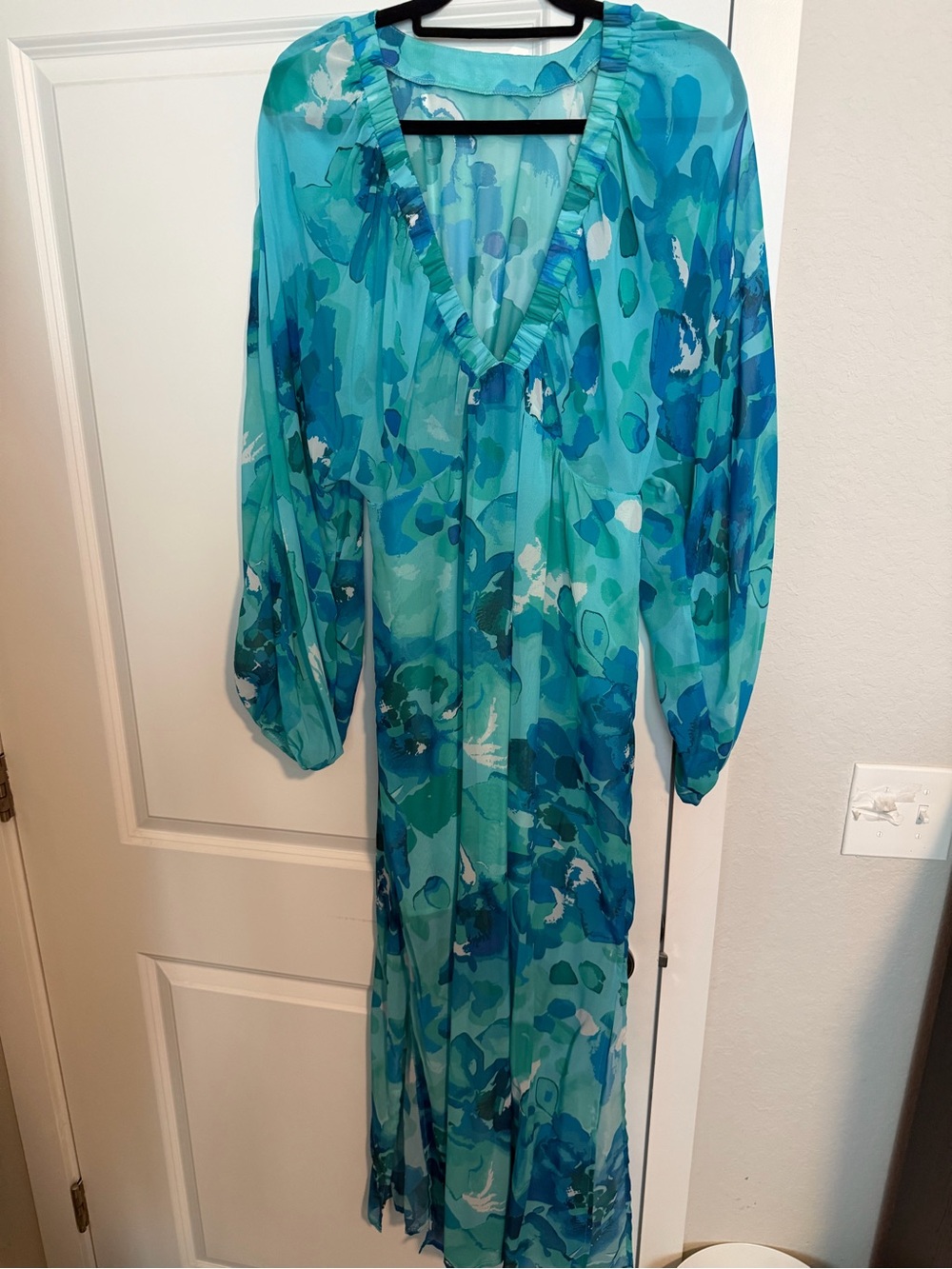 Blue Abstract Print Sheer Maxi Dress